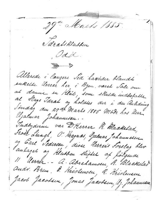 Side 1 i stiftelsesprotokollen 1885 – Odds arkiv